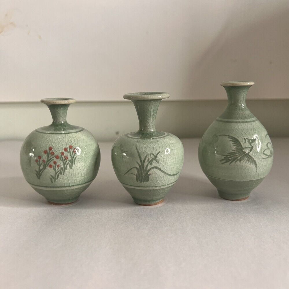3 Pc Set Hand Painted Ceramic Miniature Vase Set Cherries Berries Japanese